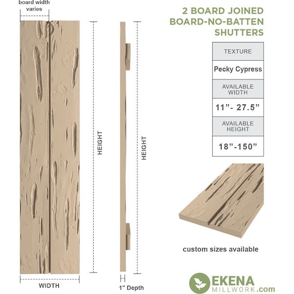 Rustic Two Board Joined Board-n-Batten Pecky Cypress Faux Wood Shutters W/No Batten, 11W X 56H